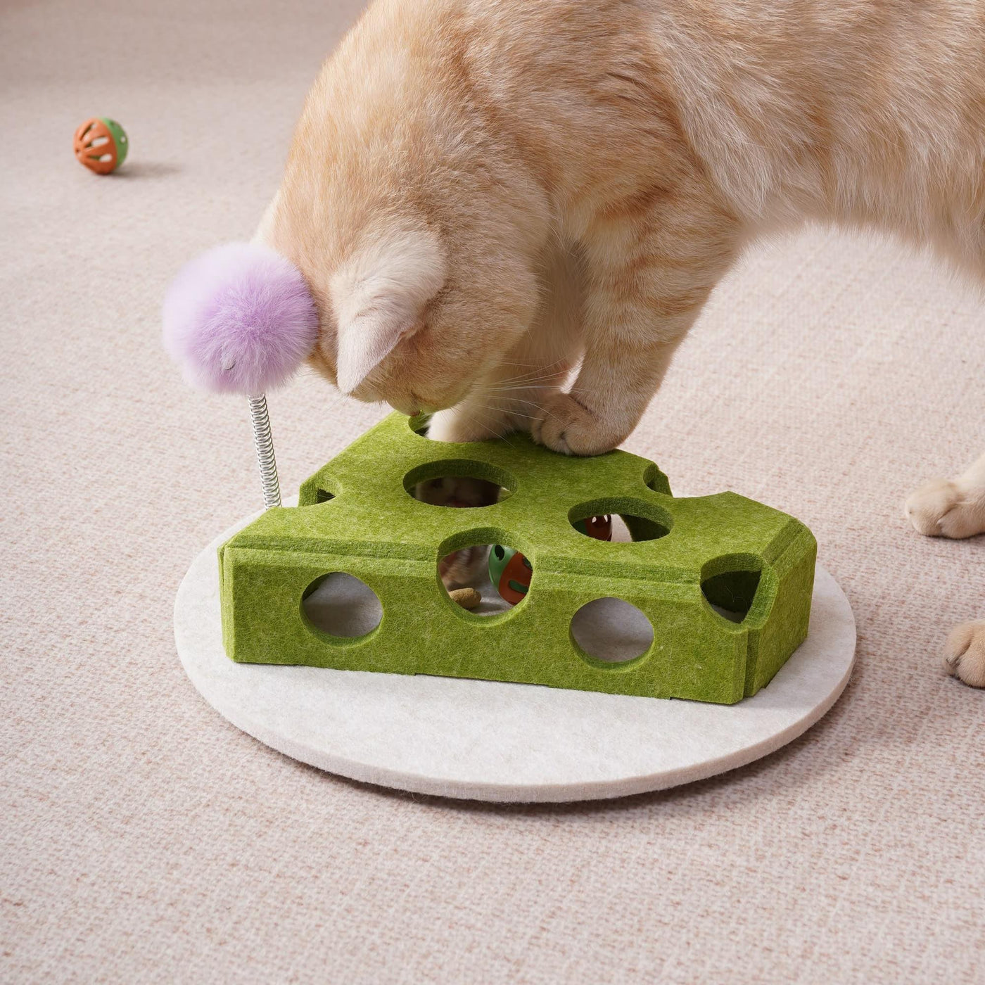 Green indoor cat treat and play puzzle box