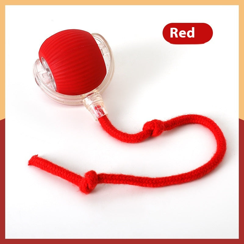 Red interactive motion ball with rope tail for indoor cats
