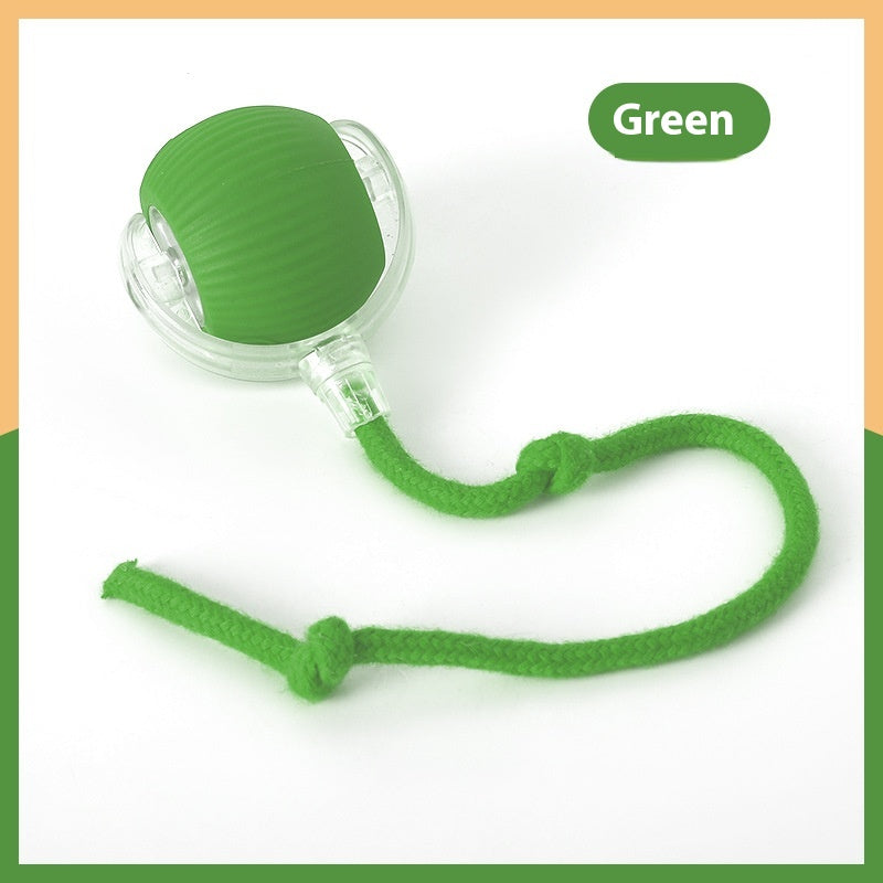 Green interactive motion ball with rope tail for indoor cats